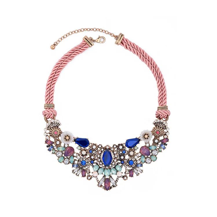 

High quality vintage blue crystal diamond flower exaggerated pendant short necklace for women