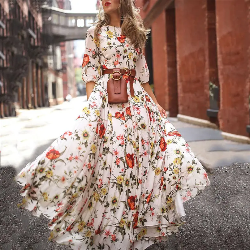 Женское повседневное летнее платье с рукавом средней длины, платья в стиле бохо с цветочным принтом, праздничные длинные платья макси vestidos