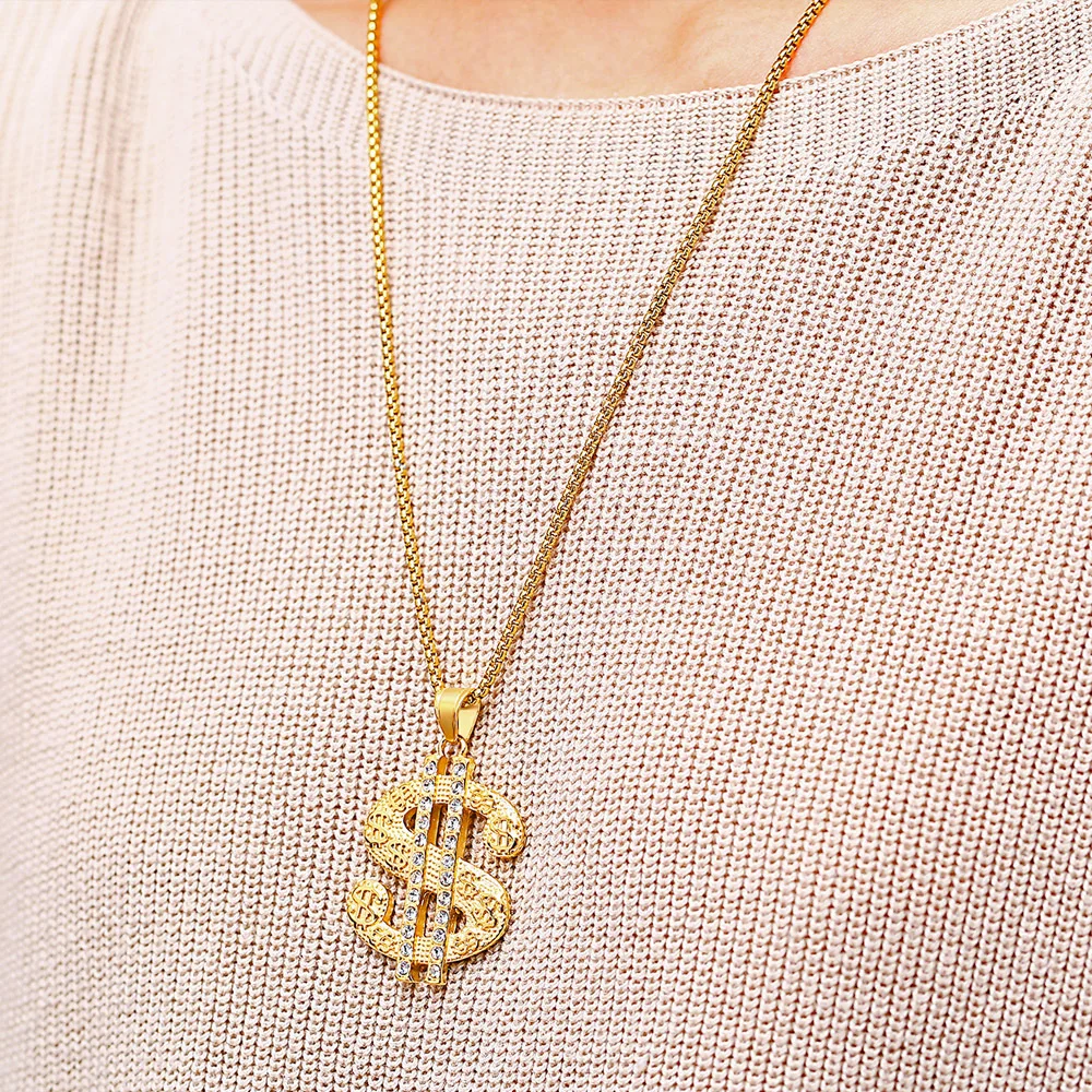 

Hiphop jewelry men gold color dollar sign necklace pendants girls in jewelry male and female stainless steel necklace chain 60mm