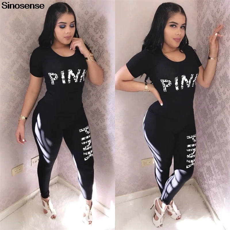 Women Letter Print Two Piece Set 2 Pink Outfits 2020 T-shirt Tops+Bodycon Long Pants Joggers Casual Sportswear Tracksuit |