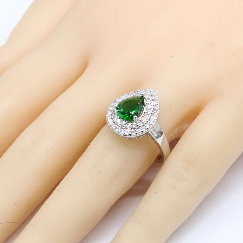 Серебряный Цвет Свадебные Ювелирные наборы для женщин Груша Форма зеленый полудрагоценное ожерелье кулон серьги кольцо браслет