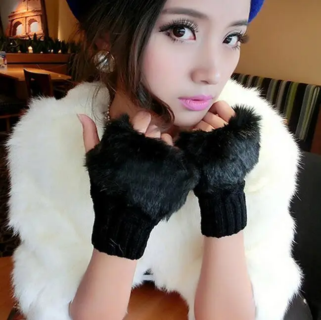 

10 Pcs/Lot Korean style warm winter gloves women faux rabbit fur knitting wool fingerless gloves