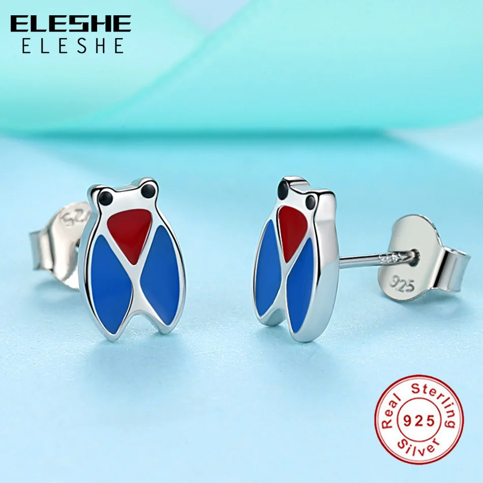 ELESHE New Fashion 925 Sterling Silver Blue Enamel Insect Cicada Stud Earrings For Women Kids Child Jewelry brincos bijoux