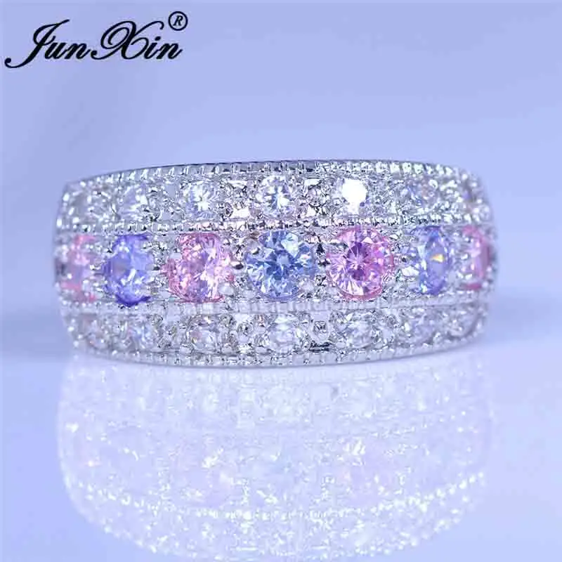 JUNXIN блестящие женские большие кольца для помолвки серебро 925 пробы белые синие Хрустальные Обручальные кольца для женщин ювелирные изделия - Цвет основного камня: Pink Ring