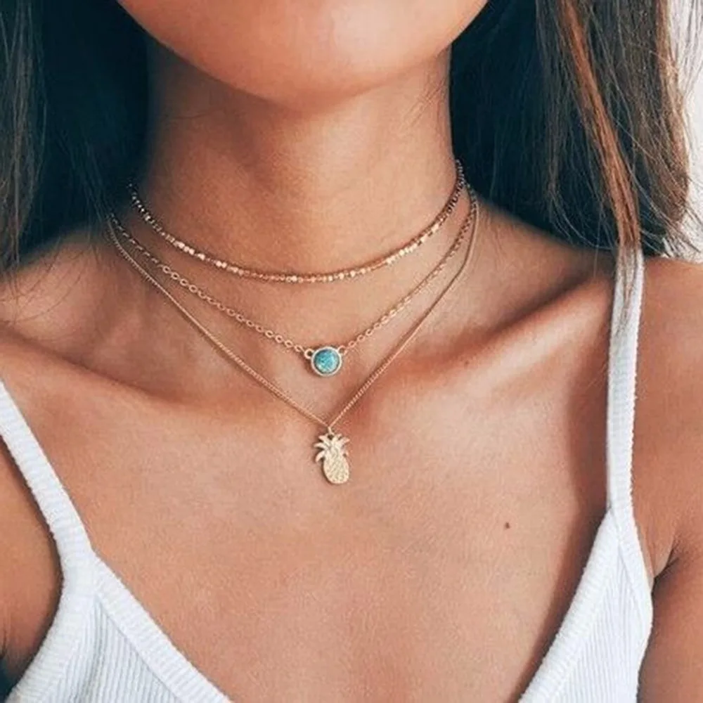 

New Classic Bohemia Multilayer Pineapple Shape Crystal Choker Pendant Mix Chain Necklace For Couple Lovers 372850
