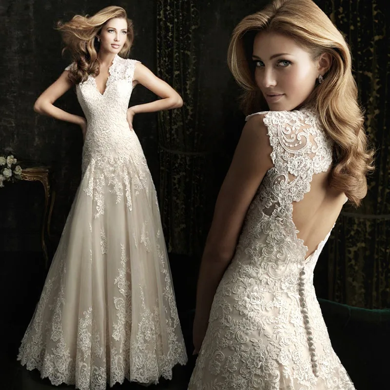 Lace A-Line Wedding Dresses Long 2016 V-Neck Backless Cap Sleeve Edge Elegant Vestidos De Noiva Bridal Gowns | Свадьбы и торжества