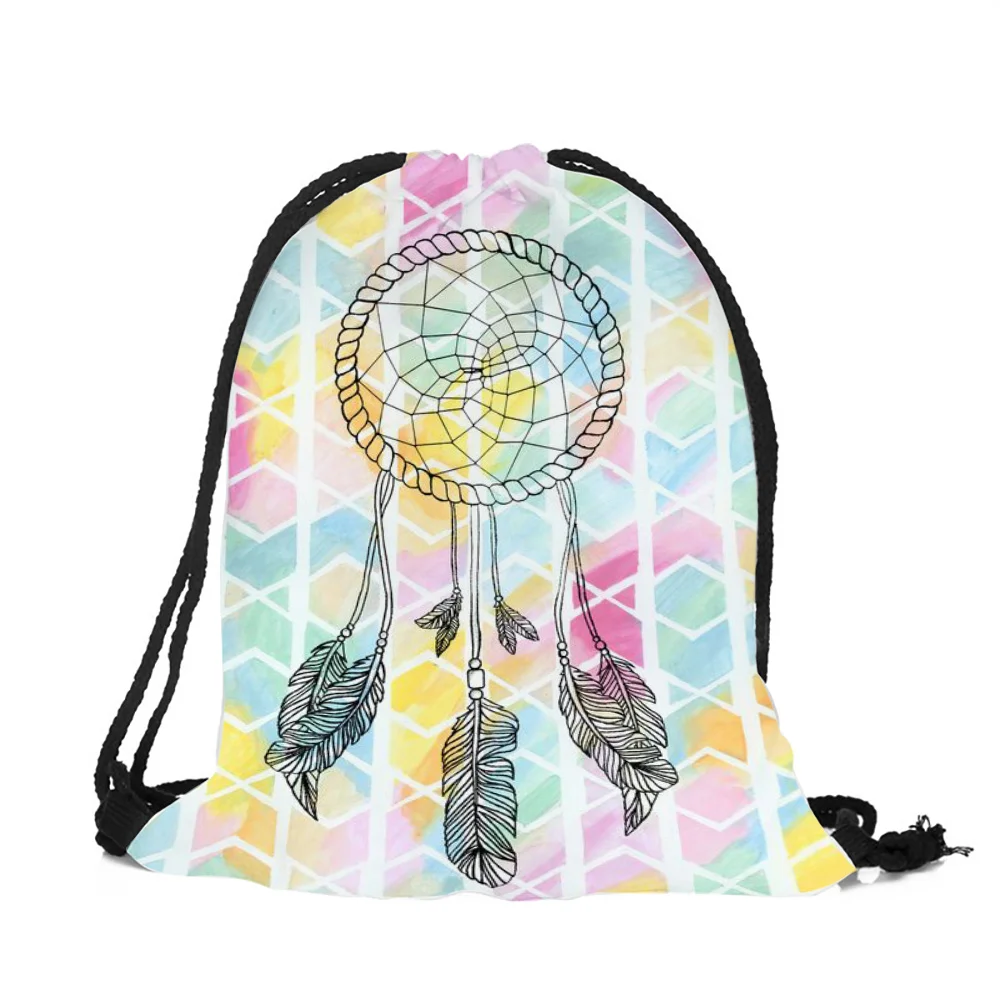 Женский рюкзак с объемным принтом Ловец снов и разноцветными перьями на шнурке, школьная сумка на шнурке для мальчиков и девочек, мягкие сумки из полиэстера - Цвет: 007