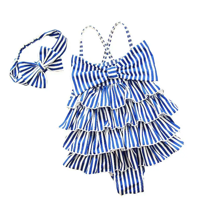 

Baby Girls Swimwear 18M-6Y Kids Girl Striped Cake Bikini Toddler Summer Beach One Pieces Bath Suit+Headband 2pcs Swimming Wear