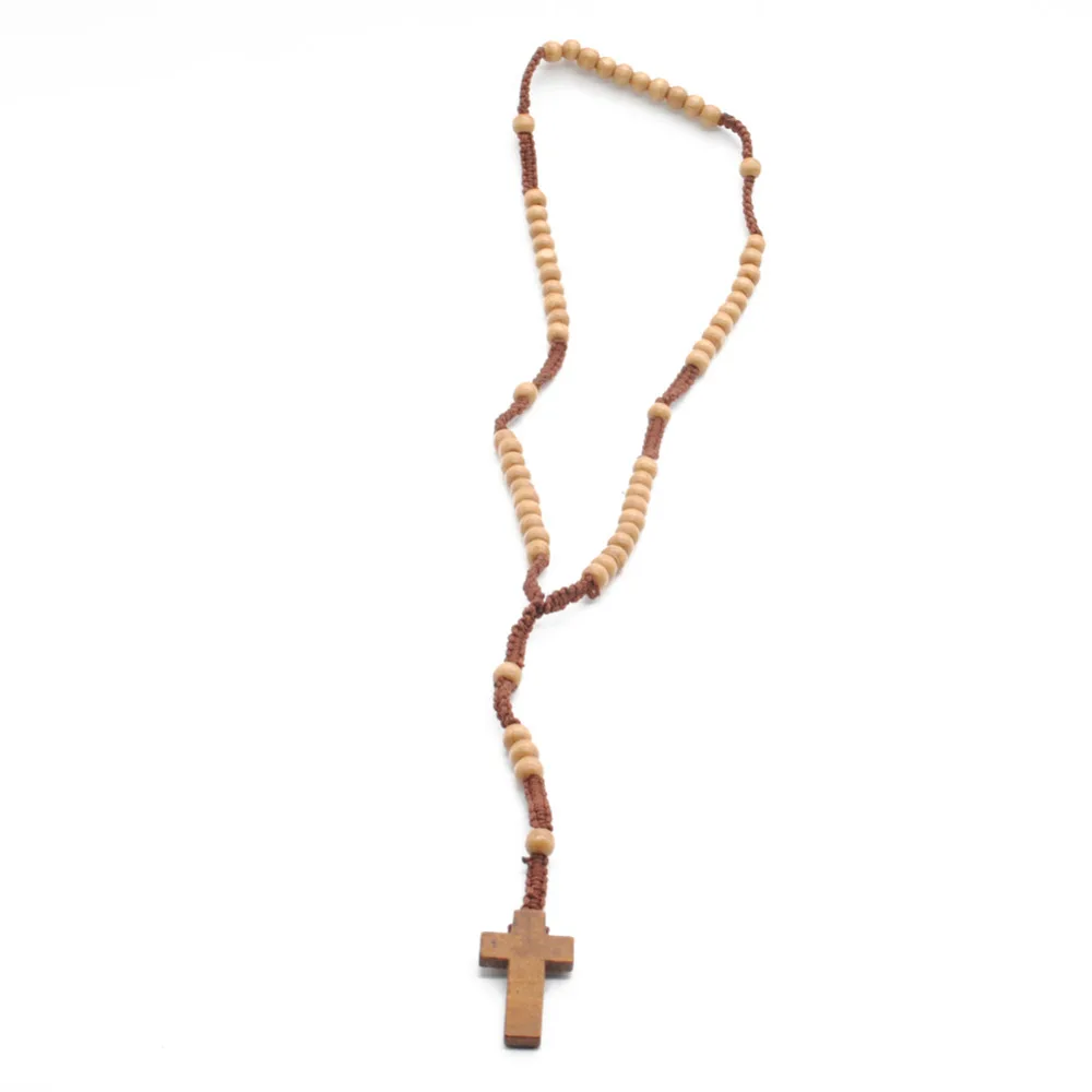 Ретро стиль для мужчин и женщин католический Христос Деревянные Четки из бисера крест кулон тканая Веревка ожерелье