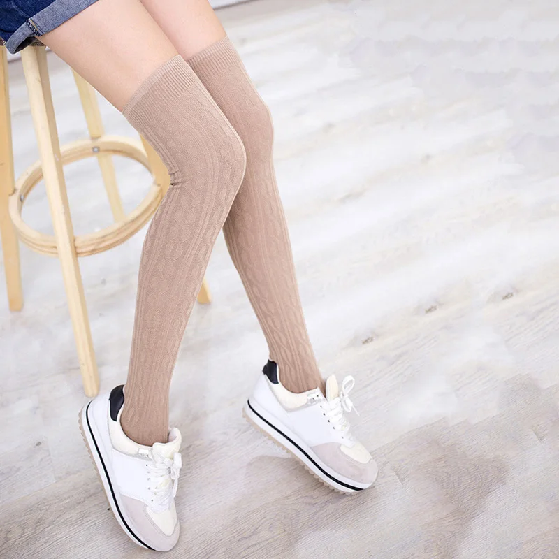 Women Wool Braid Over The Knee Thigh Highs Hose Stockings Twist Warm 