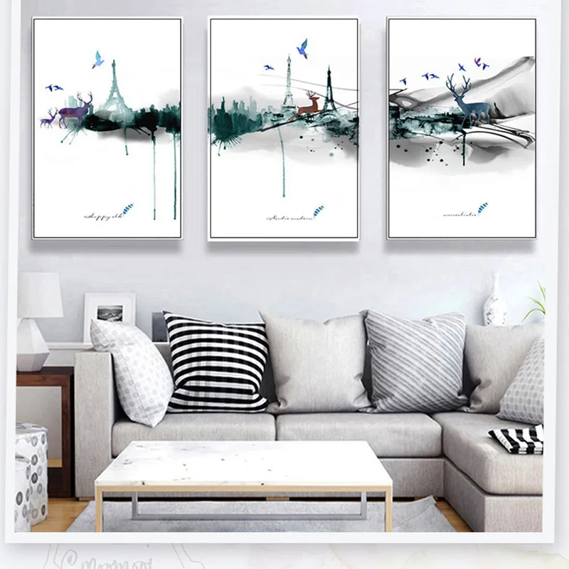 457 40 De Réductionnordique Beaux Animaux Transe Ville Splash Ink Montagnes Vol Oiseau Coloré Moderne Simple Toile Affiche Pour La Chambre Des