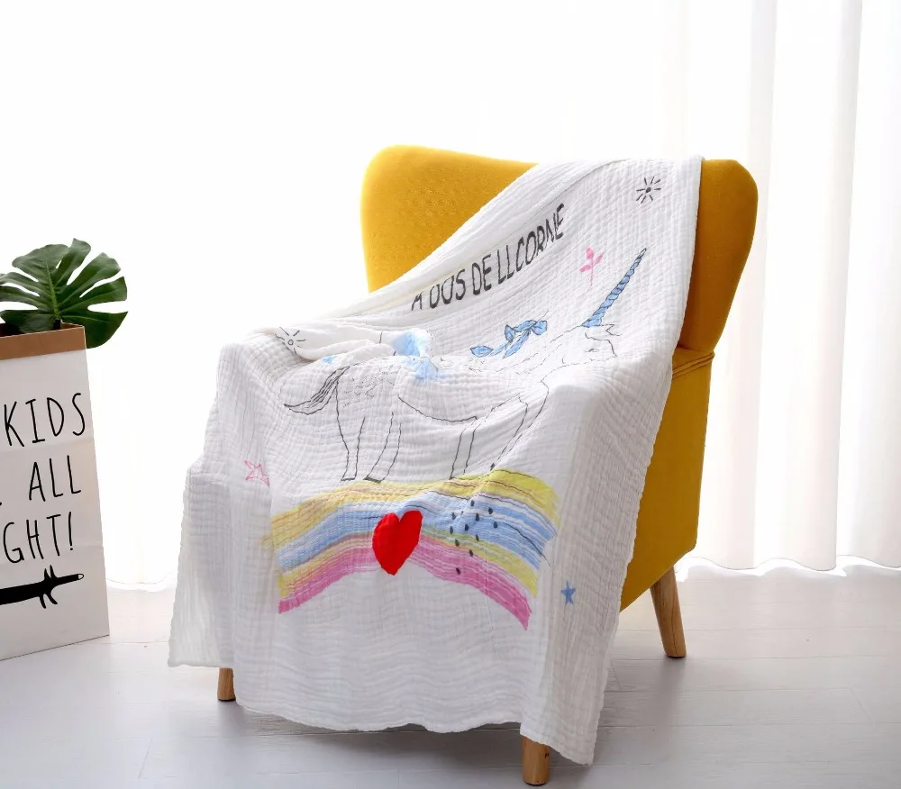 Lange bebe coton bio baby wrap s 120*150 см, Радужное детское одеяло с единорогом, одеяло для новорожденных, муслиновое Пеленальное Одеяло, Марлевое детское одеяло для кровати - Цвет: Белый