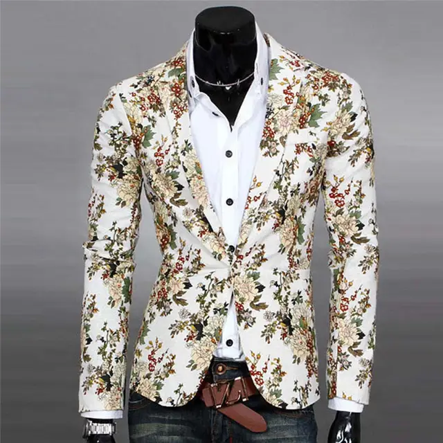 Mens Floral Suit Blazer Jacket Coat Slim Fit Linen Printed Flower