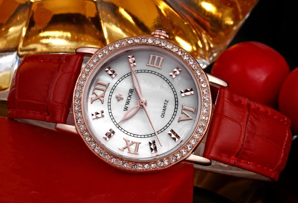 Брендовые роскошные женские часы, красные кожаные Стразы, повседневные женские кварцевые наручные часы из розового золота, женские часы