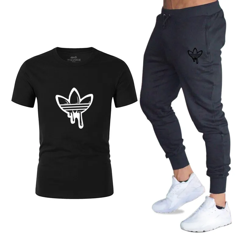 New 2018 Fashion Men's T-Shirt Gradient Top T-Shirt Set ADI Print Men's T-Shirt + Men's Trousers Quality T-Shirt Set