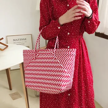 

BEAU-Striped Grocery Basket Woven Shopping Bag Women Quality Handbags Large Capacity Beach Bag Tote Ladies Handbags Bolsa Femi