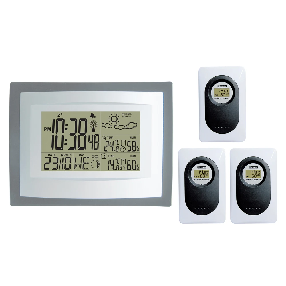 

DYKIE 433MHz Wireless Weather Station Digital Indoor Outdoor Thermometer Hygrometer Clock Temperature Humidity 3 Transmitters
