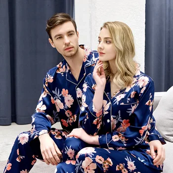

Spring Summer Lovers Satin Pajama Pyjama Set Long Sleeve Sleepwear Print Shirt+Pants Home Wear Casual Nightwear Floral Pijamas