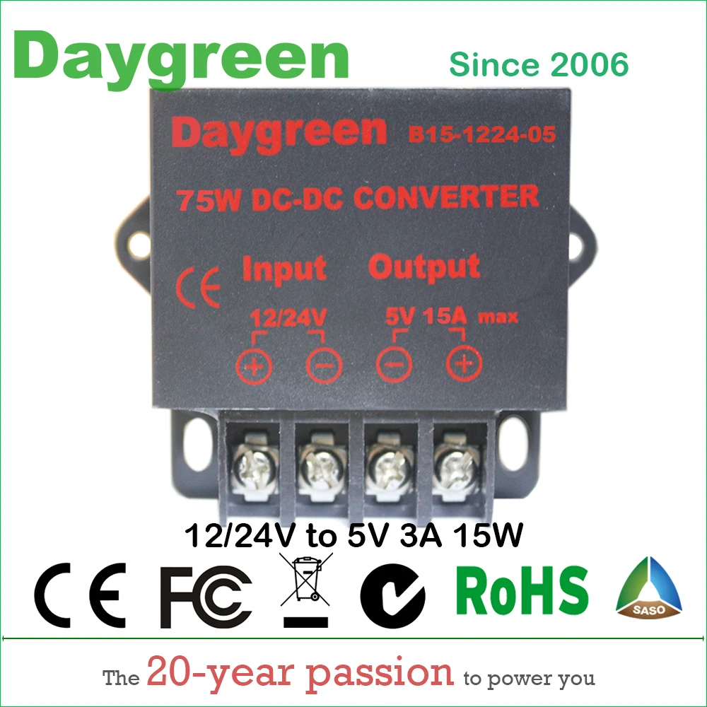 

12V to 5V 15A 75W DC DC Converter Regulator Car Step Down Reducer 12V to 5V 15AMP Daygreen CE Certificated