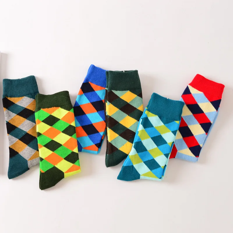 Новые яркие Для мужчин хлопок Happy Socks Argyle британский стиль платье в деловом стиле экипажа длинные носки алмаз Harajuku ретро Брендовая