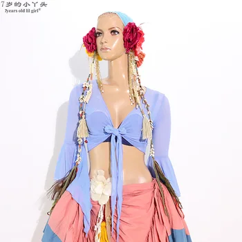 5Colors Belly Dance Clothes Tops Women Sexy Mesh Top Front Cross Crop Halter Deep V Neck Flare Sleeve Top BYY01-05 sexy baby blue deep v neck self tie flounced crop top