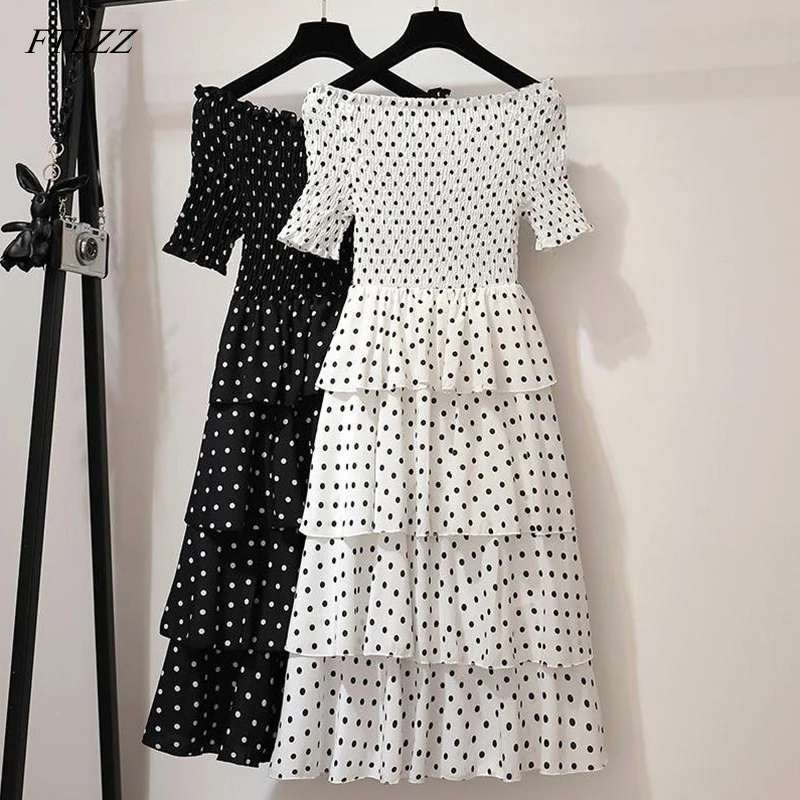 

FTLZZ Plus Size 5XL Polka Dot Print Sweet Long Dress Women Slash Neck Ladies Ball Gown Chiffon Dresses Casual Vestidos