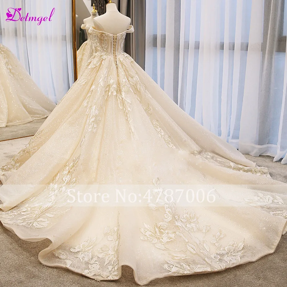 Detmgel Vestido de Noiva Appliques Chapel Train A-Line Свадебные платья Роскошные бисерные кружевной вырез лодочкой свадебное платье принцессы