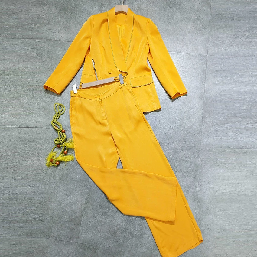 HIGH STREET Star Стильный дизайнерский костюм набор женский веревочный пояс Шаль Воротник желтый Блейзер брюки костюм