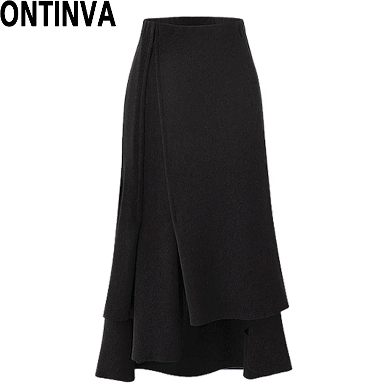 Асимметричная юбка миди, Женская длинная юбка с разрезом, женская черная юбка размера плюс 5XL для офиса, модная официальная юбка - Цвет: black