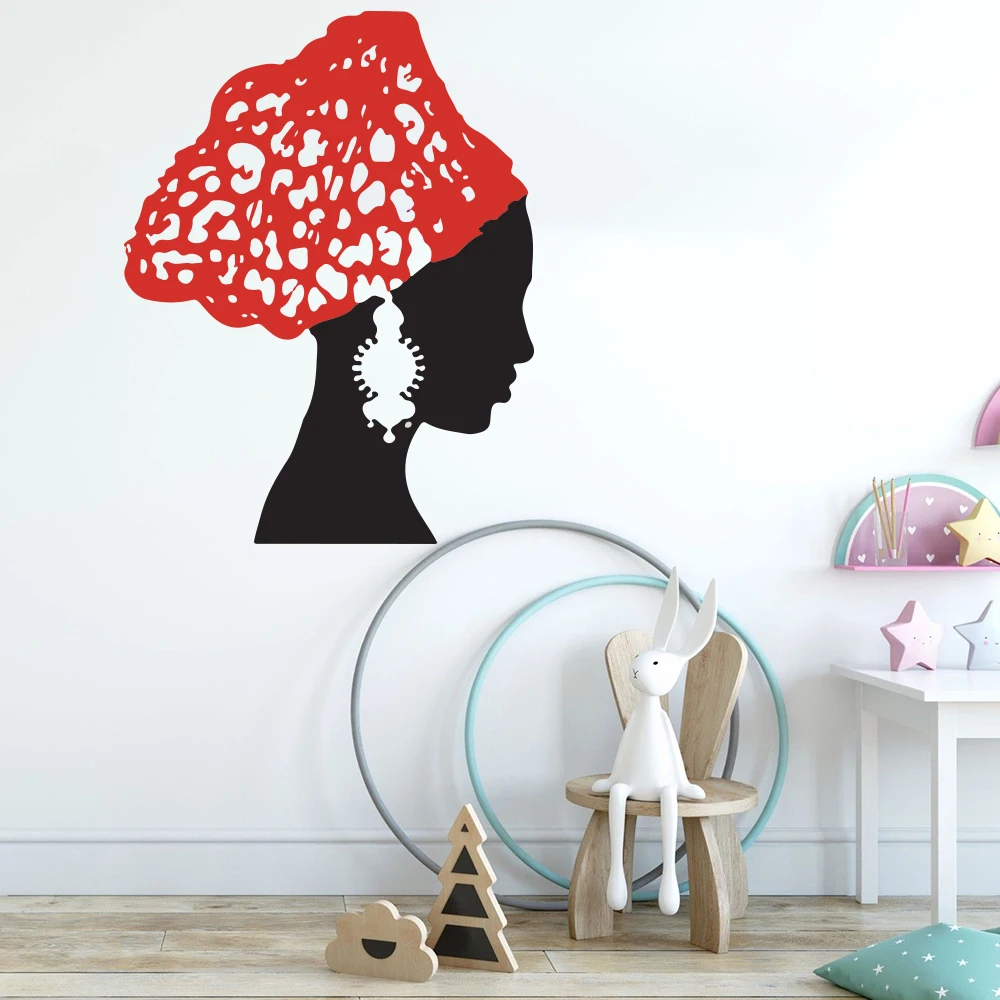 Large African Woman Girl Wall Decal  Earrings Scarf Salon Bathroom Tribal Africa Ethnic Wall Sticker Bedroom Vinyl Home Decor (1)