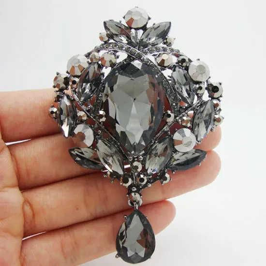 

Vintage Style Teardrop Floral Brooch Pin Pendant Black Rhinestone Crystal