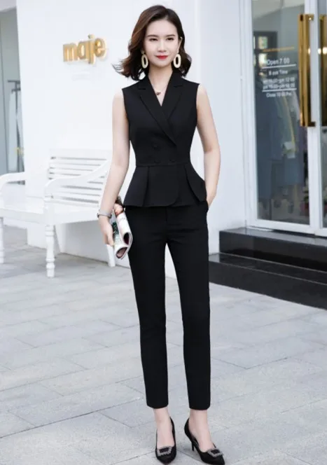 Black vest and pants Модный chalecos para mujer Летний формальный тонкий пиджак офисный Женский повседневный рабочий жилет пальто красный белый абрикосовый черный - Цвет: Black vest and pants