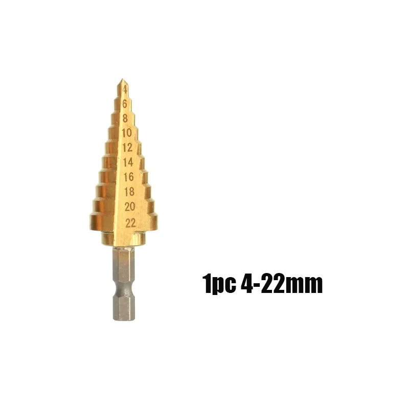 Ступенчатые сверла из быстрорежущей с алмазным напылением для Титан покрытием 3-12/13 на возраст от 4 до 12 лет/20 мм/22 мм/32 мм конус дыропробивной пресс 1/4 ''шестигранным хвостовиком бит пустотелого сверла диаманта для металла, дерева - Цвет: 1pc 4-22mm