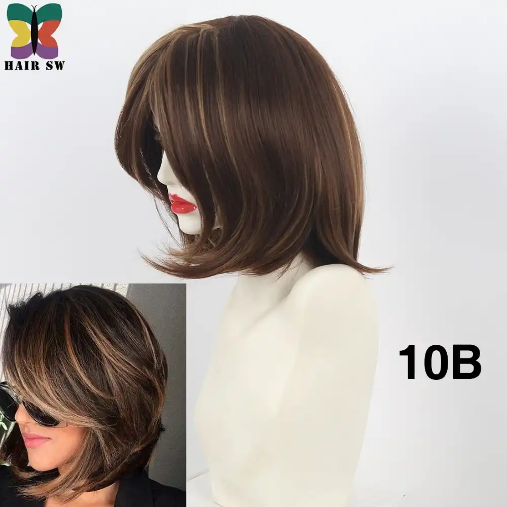 Hair Sw Medium Length Straight Bob Wig Brown Hair Blonde Highlights Synthetic Layered Haircuts Women S Wig With Side Bangs