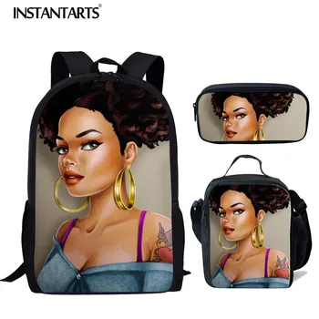 

INSTANTARTS School Bag 3pcs Set Black Art Black Little Girl African Printing School Bags for Teen Girl Chldren Bookbag Backpack