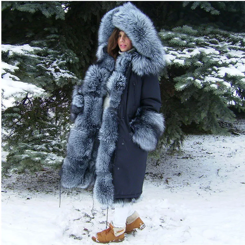 TOPFUR Luxury New Women Real Fur Parka Natural Silver Fox Fur With Fox Fur Liling Collar Winter Warm Fur Jacket Parka