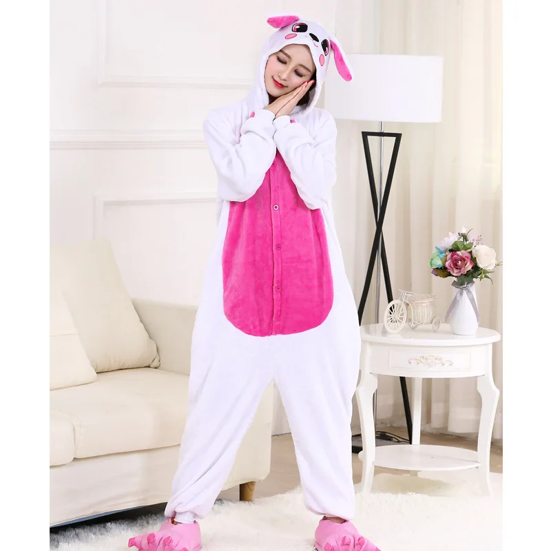 Cheap Rose Rabbit Onesies Adult Kigurumi Bunny Flannel Pajamas One-piece Jumpsuit Pijama Cosplay Party Animal Onesies Halloween (5)