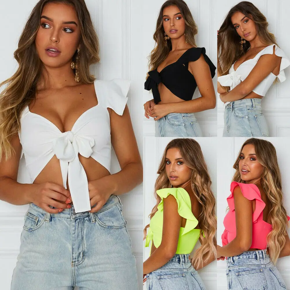 

Bust Bowknot Ruffles T Shirt Summer Women Clothes 2019 New Pure Color Crop Top Fashion Women Streetwear V-neck Tie-Front Tshirt