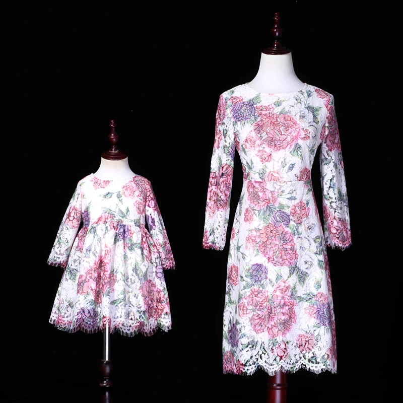 Family Matching Mommy and Me Clothes Floral Print Mother Daughter Dresses Long Sleeve Wedding Shirts Best Friends | Мать и ребенок