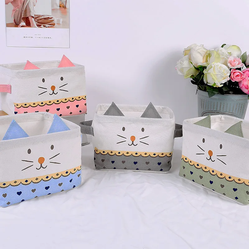 

Organizer Desktop Storage Basket Cute Printing Waterproof Linen Sundries Cosmetics Storage Box Toy Makeup Storage Bag Organizer