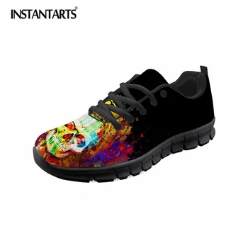 

INSTANTARTS Black Skull Printes Summer Casual Men Shoes Fashion Lace Up Breathable Shoes Leisure Air Mesh Sneaker Shoes for Male