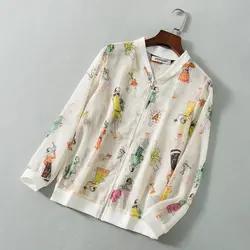 Прозрачная шифоновая Солнцезащитная одежда с рисунком из мультфильма, ребристый воротник-стойка, летняя рубашка для женщин на молнии