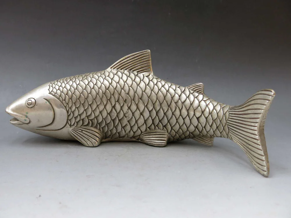 10" China silver handwork carved fine luck fish sculpture fine carp