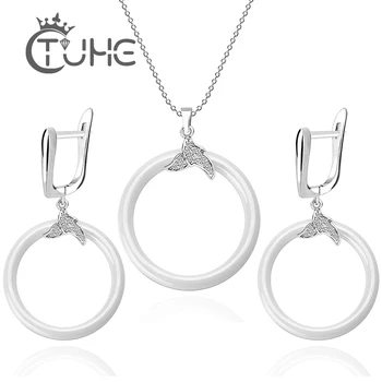 

Fashion Casual Accessorie Ceramic Jewelry Sets Round CircLE Never Fade Ceramic Crystal CZ Earrings Necklace Set Costume