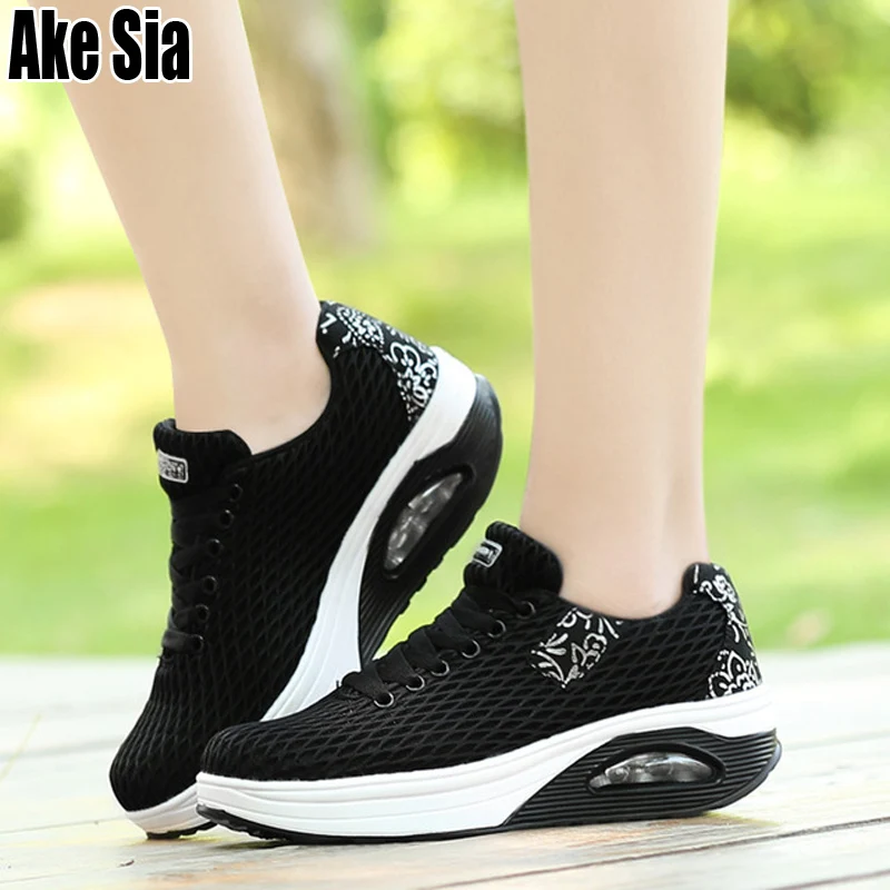 

Ake Sia Feminine Women Fashion Casual Mesh Air Waddle Lacing Swing Zapatillas Thicken Soled Heighten Air Cushion Flat Shoes A278