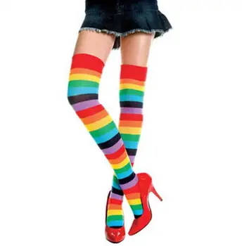 

Popular Women Stockings Cute Thigh High Mixed Colored Rainbow Striped Long Stockings Knitted Ladies Over The Knee Hosiery