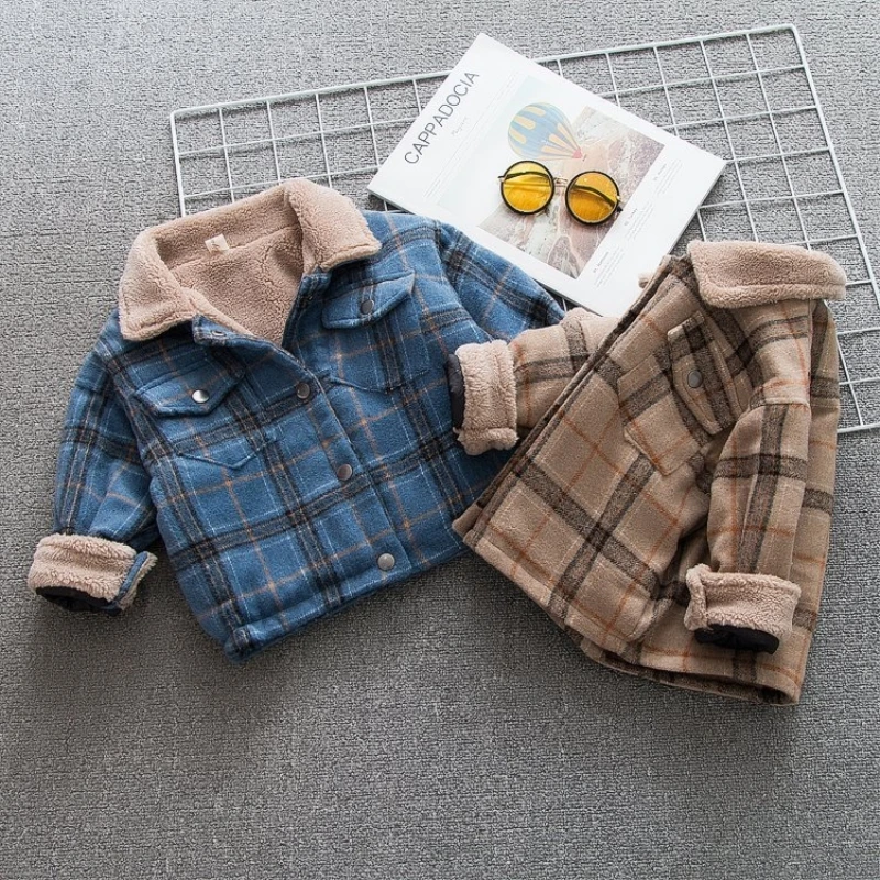 New Baby Boys Winter Jackets Turn-down Collar Coat Kids Plus Velvet Thicken Outwear Jacket Toddler Plaid Coats Cardigan Clothes