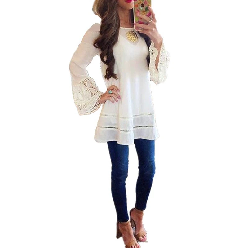 2020 Newest Fashion Large Size Lace Chiffon Loose Blouse Tops Hot Sale Heigh Quality Boho Long Sleeve O-Neck Shirt Female |