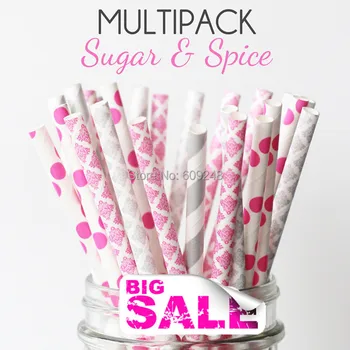 

100pcs Mixed Colors SUGAR & SPICE Party Paper Straws,Hot Pink and Silver Damask,Polka Dot,Stripe,Wedding,Girls Night,Baby Shower
