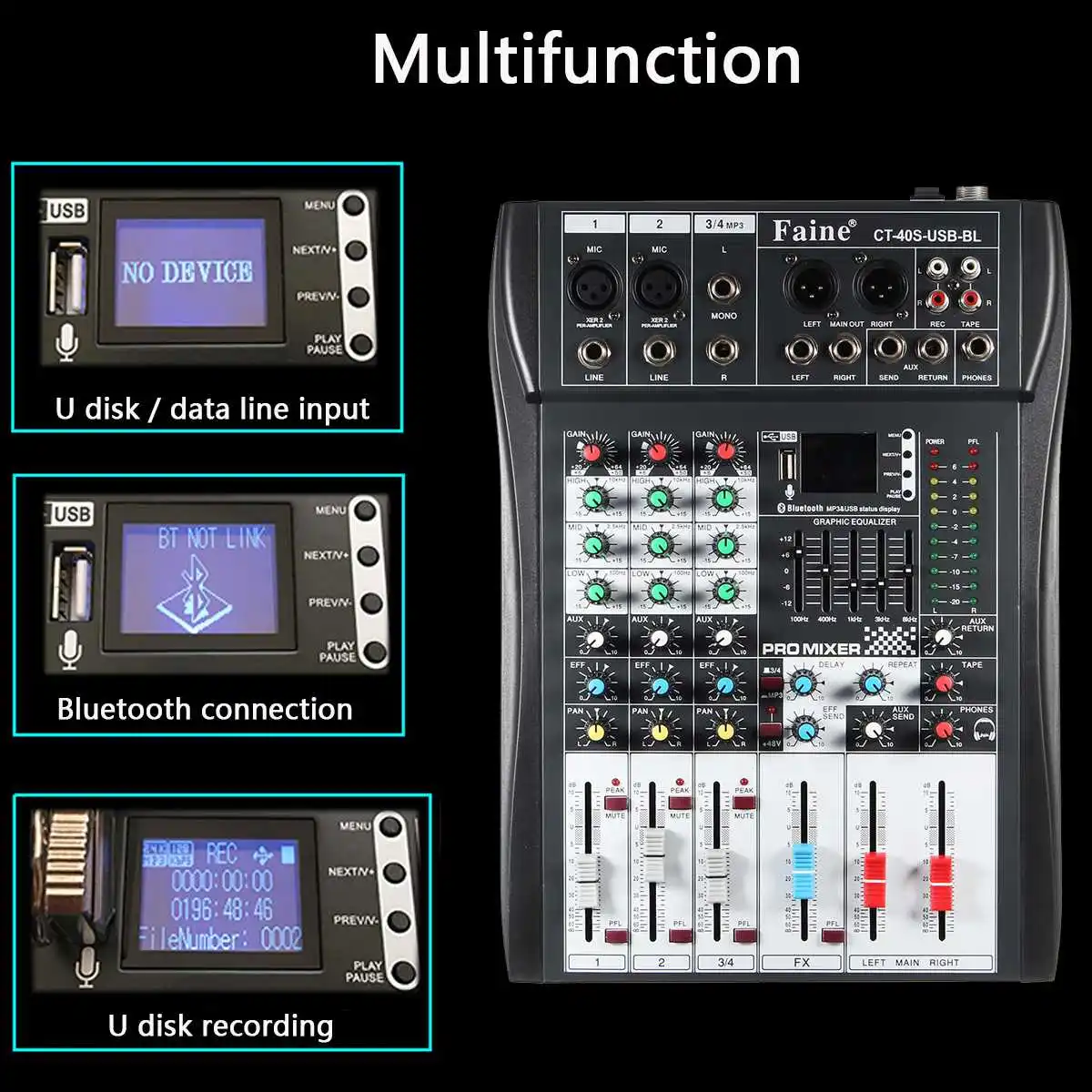 Faine 4 канала беспроводной bluetooth DJ аудио микшер контроллер DJ микшерный пульт музыка с USB светодиодный металлический экран профессиональный